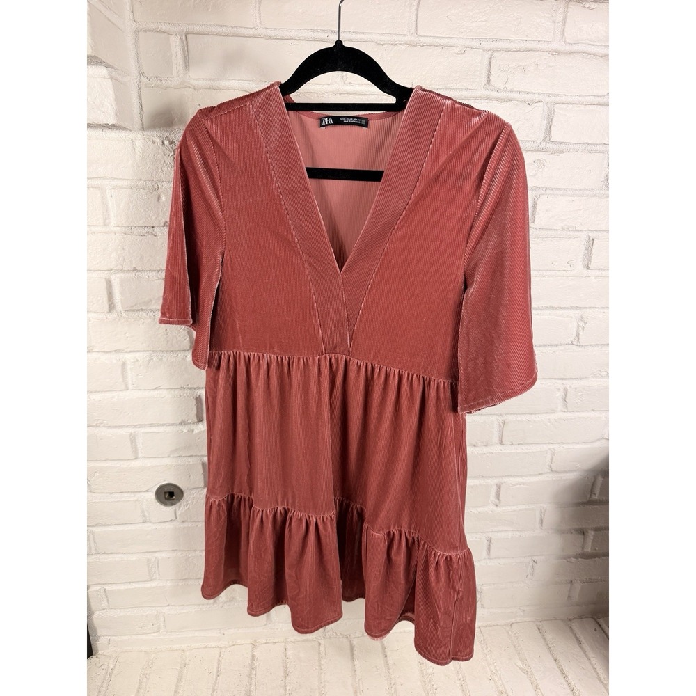 Zara Womens XS Dusty Rose Velvet Mini Dress V Neck Tiered Babydoll Bell Sleeve